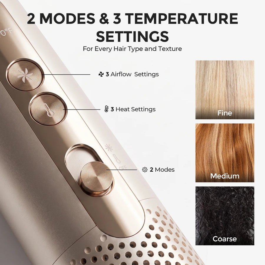 Control panel close‑up: 3 airflow levels, 3 heat settings and 2 working modes for fine, medium and coarse hair types