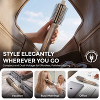 TYMO hot air round brush portable travel use, dual‑voltage design for vacation, busy mornings and office styling