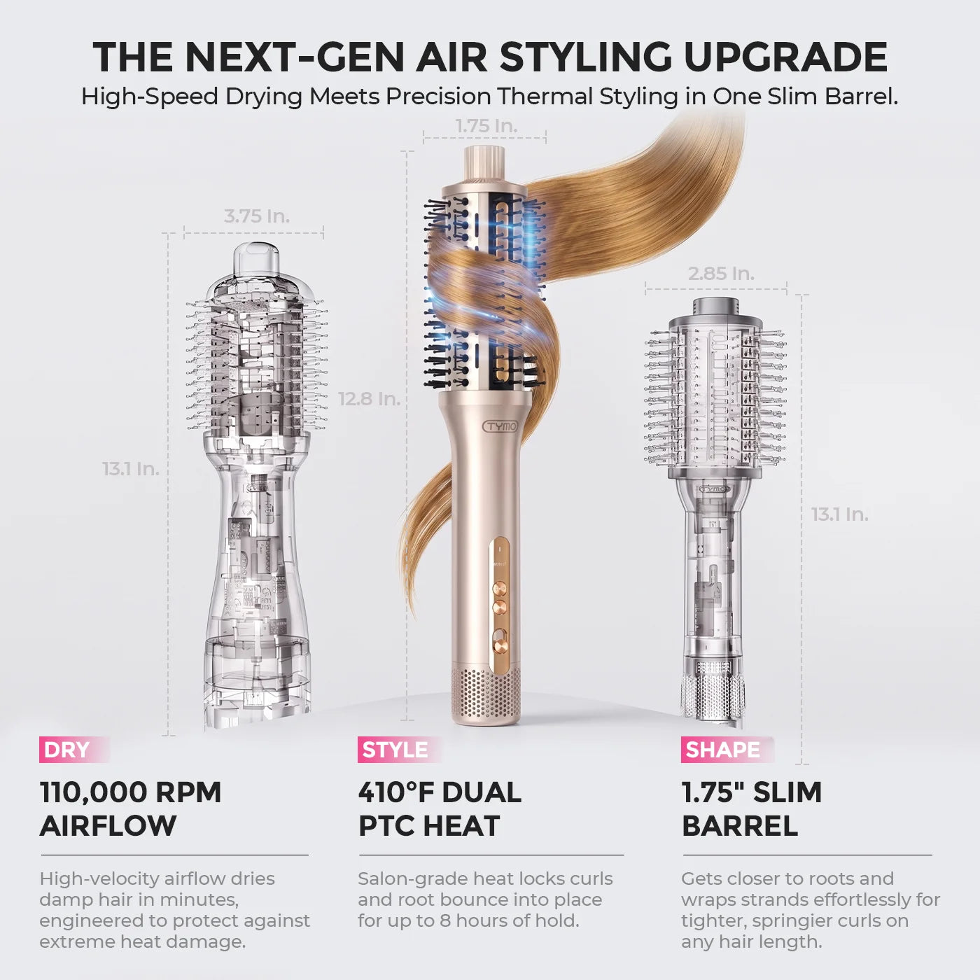 Next‑generation air styling upgrade: cross‑section diagram showing 110000 RPM airflow, PTC heating and slim 1.75‑inch styling barrel