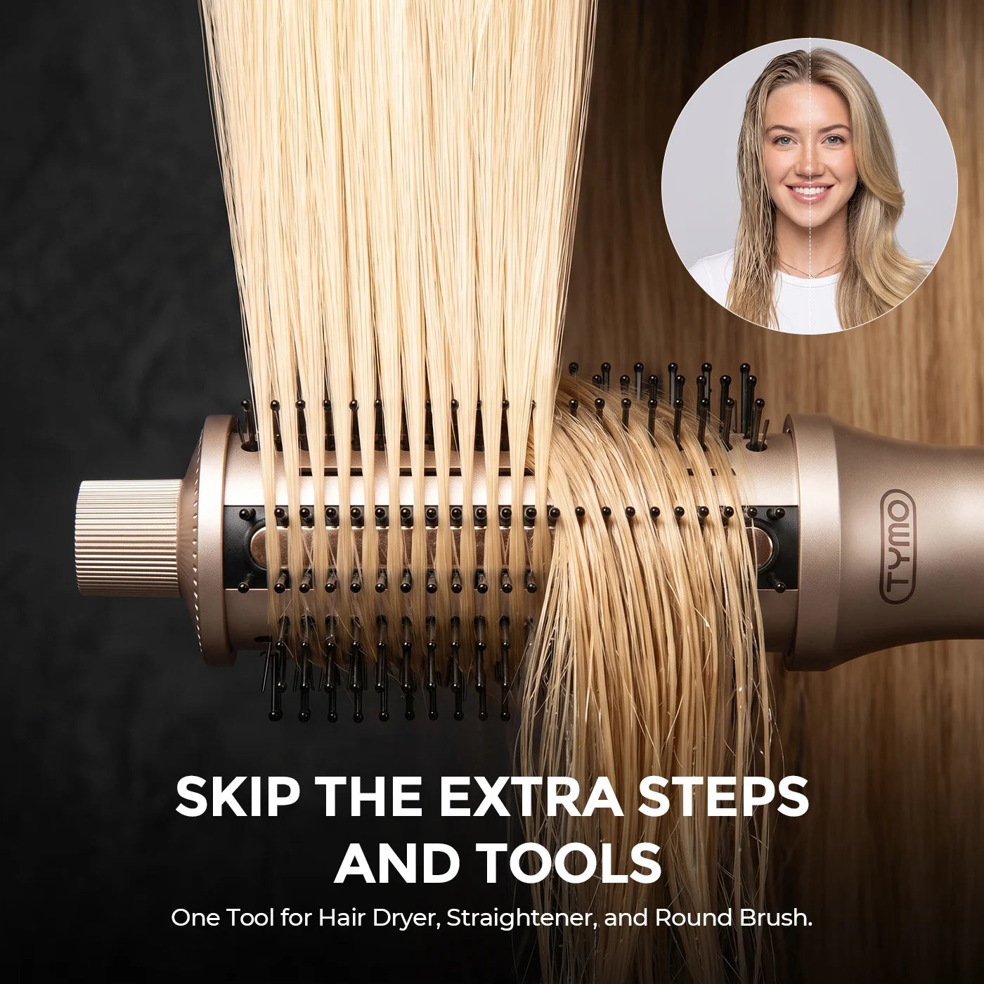 All‑in‑one TYMO hot air brush functions as hair dryer, straightener and round styling brush to simplify your hair routine