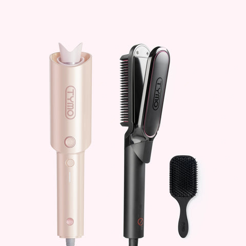 TYMO Style Up Your Moments hair set with automatic curler, 2-in-1 straightener brush, and hairbrush