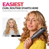 TYMO automatic curler before and after: easy one-tap styling transforms flat hair into defined, voluminous curls for beginners