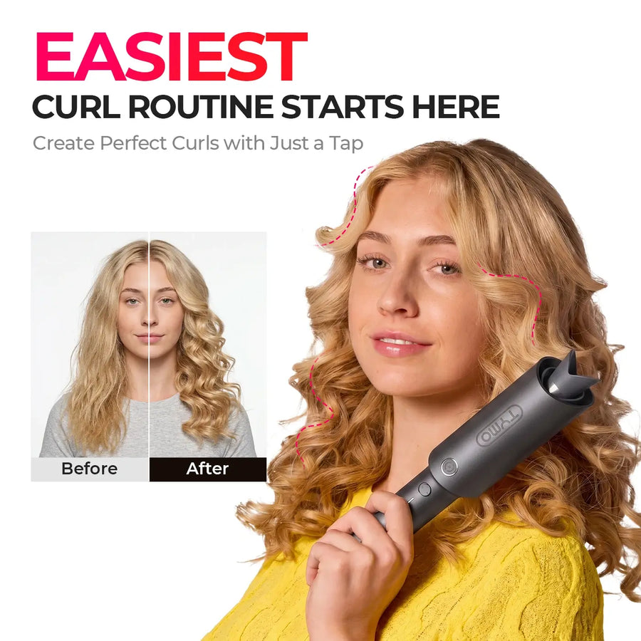 TYMO automatic curler before and after: easy one-tap styling transforms flat hair into defined, voluminous curls for beginners