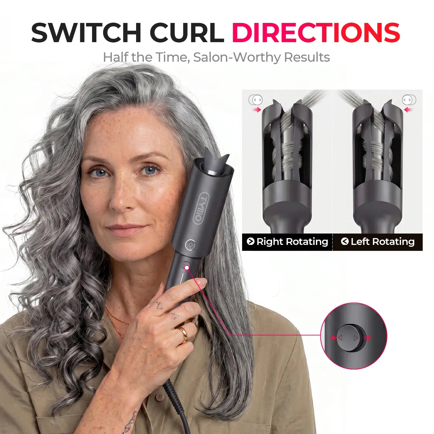 TYMO automatic hair curler with adjustable left and right rotating directions for salon-worthy, natural-looking curls in half the time