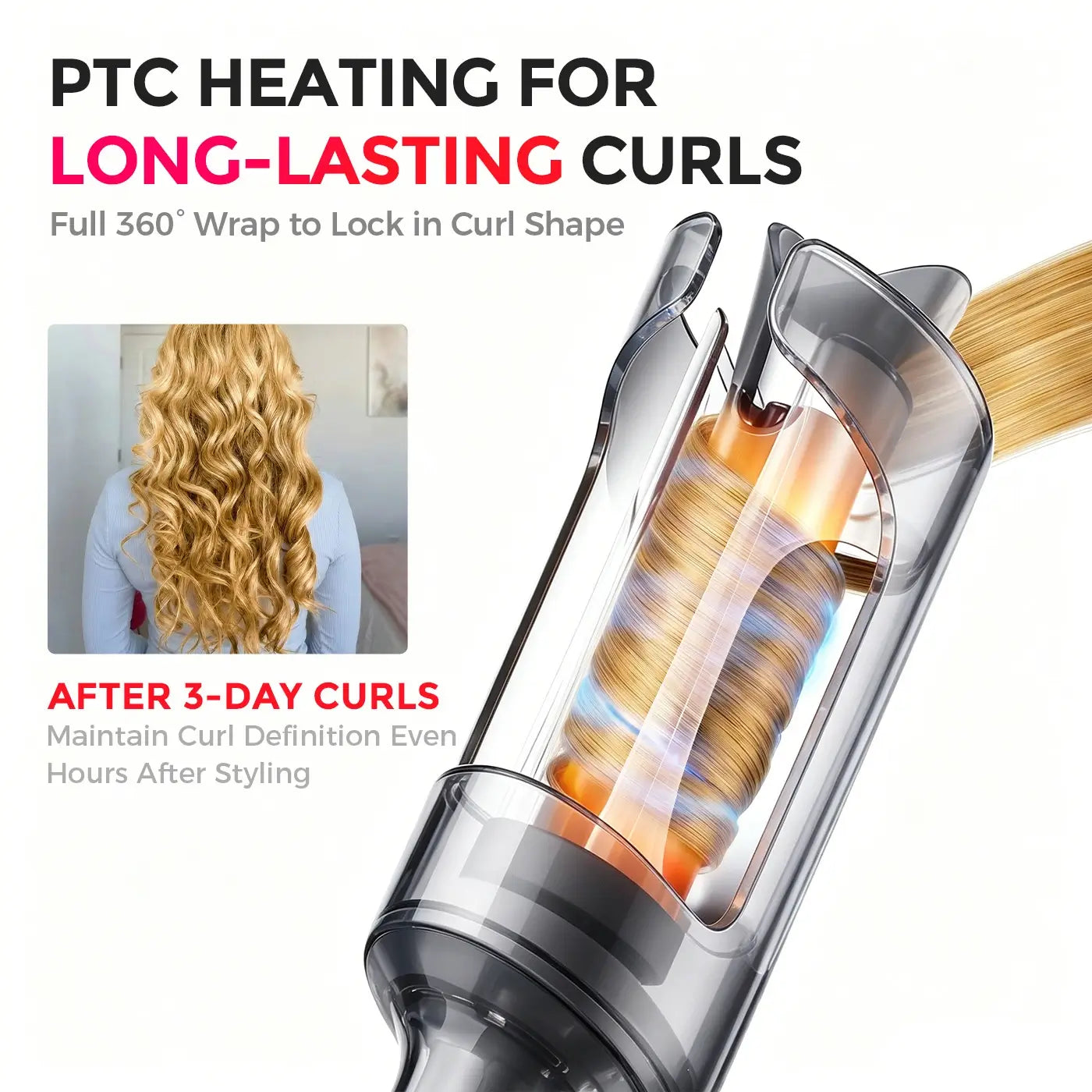 TYMO curler with PTC heating technology: 360° full wrap heat locks in curl shape for long-lasting, bouncy curls that stay defined for up to 3 days