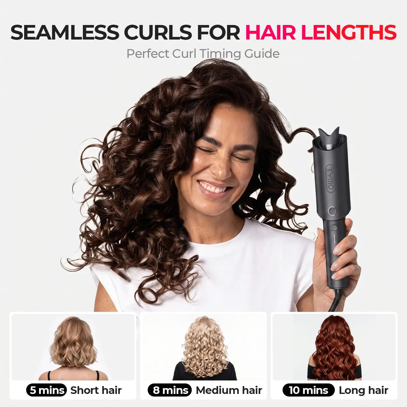 TYMO automatic curler works on all hair lengths: short hair styled in 5 minutes, medium hair in 8 minutes, and long hair in 10 minutes with perfect, seamless curls