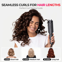 TYMO automatic curler works on all hair lengths: short hair styled in 5 minutes, medium hair in 8 minutes, and long hair in 10 minutes with perfect, seamless curls