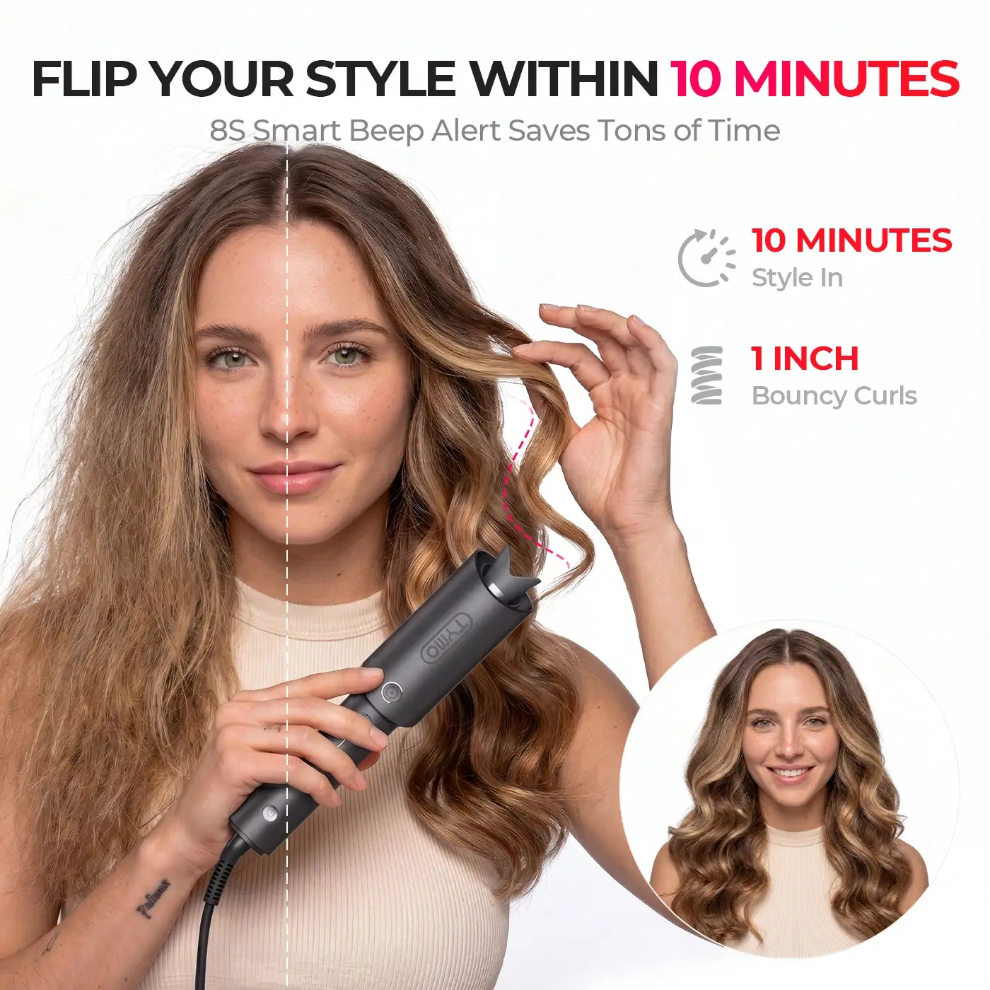 TYMO automatic hair curler transforms frizzy straight hair into bouncy 1-inch curls in just 10 minutes, with an 8-second smart beep alert for faster styling