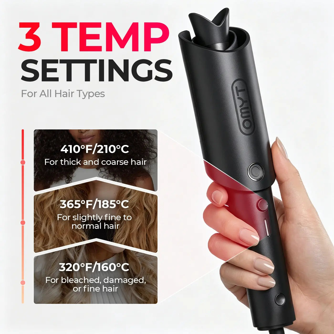 TYMO automatic curler with 3 temperature settings for all hair types: 320°F/160°C for fine/damaged hair, 365°F/185°C for normal hair, 410°F/210°C for thick/coarse hair