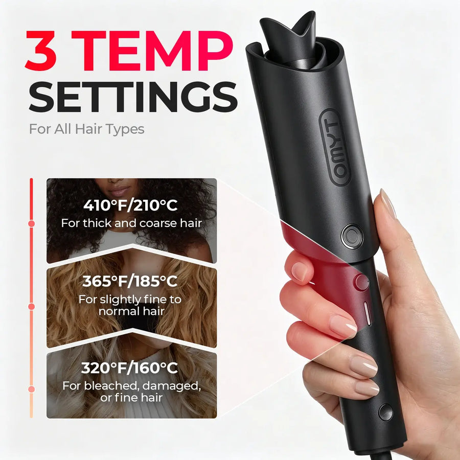 TYMO automatic curler with 3 temperature settings for all hair types: 320°F/160°C for fine/damaged hair, 365°F/185°C for normal hair, 410°F/210°C for thick/coarse hair