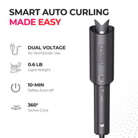 TYMO CURLPRO automatic curling iron with key features: dual voltage for worldwide use, 0.6lb lightweight design, 10-minute safety auto-off, and 360° swivel cord for easy styling