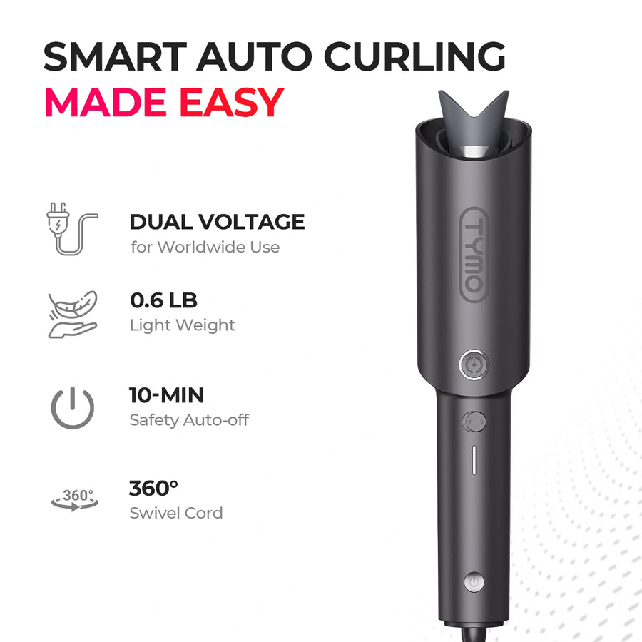 TYMO CURLPRO automatic curling iron with key features: dual voltage for worldwide use, 0.6lb lightweight design, 10-minute safety auto-off, and 360° swivel cord for easy styling