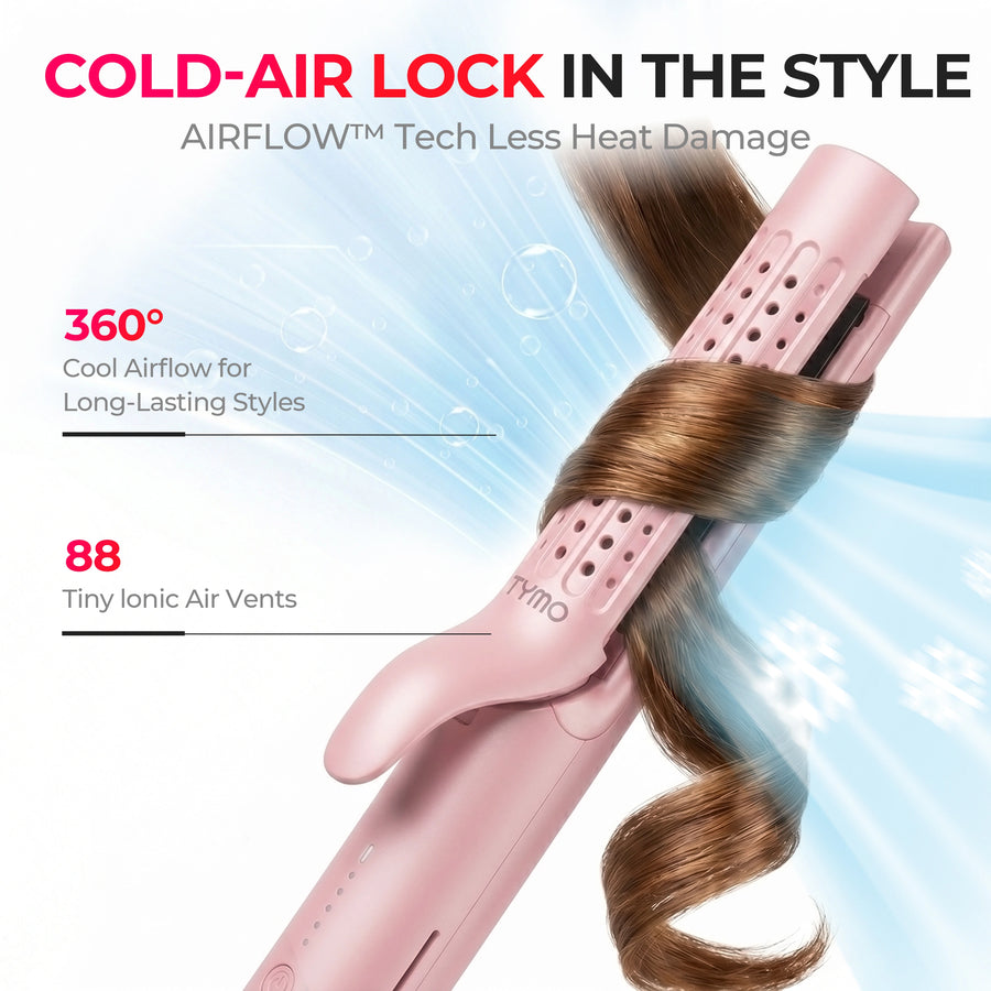TYMO AIRFLOW cool air lock technology, 360° airflow with 88 ionic vents to set curls and reduce heat damage