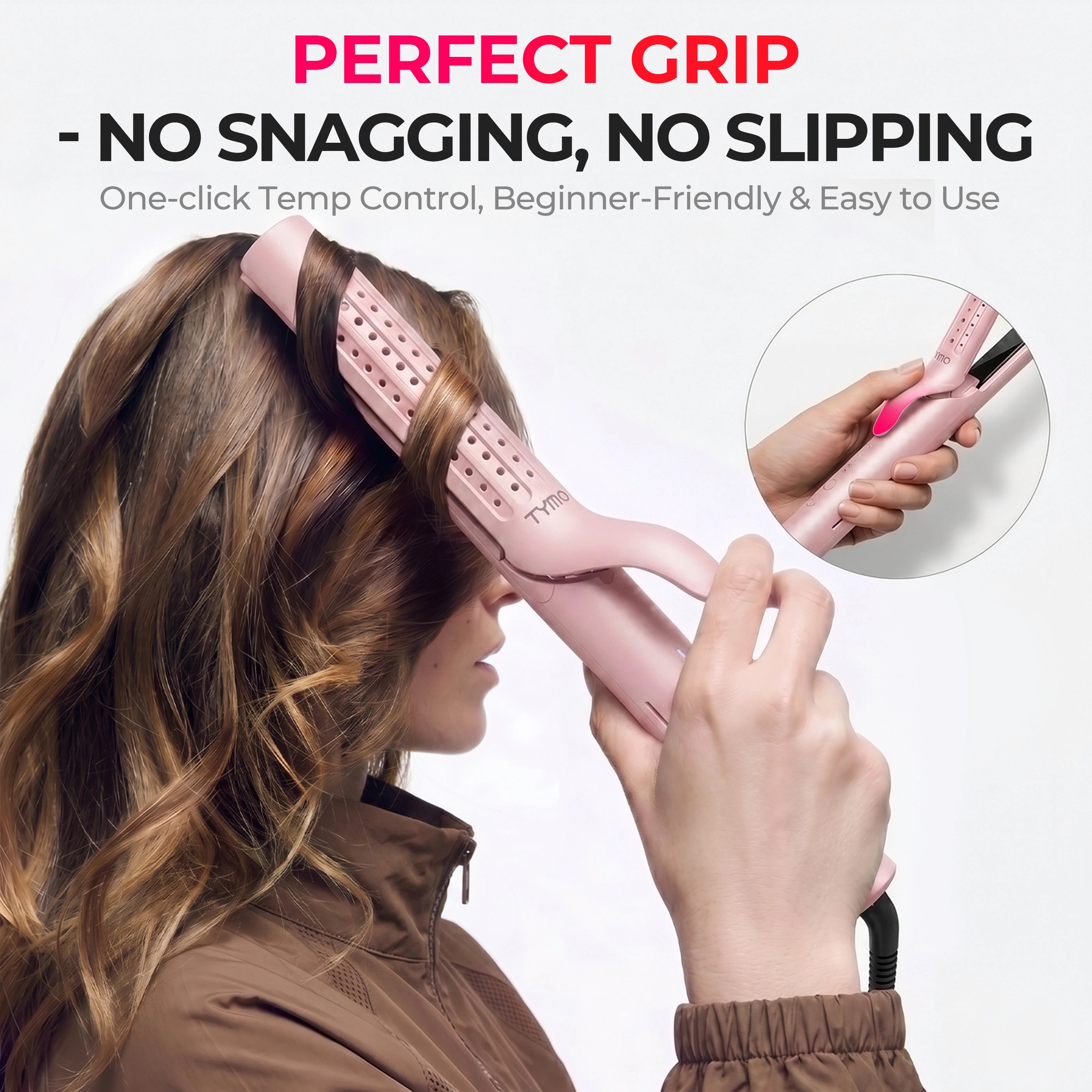 TYMO AIRFLOW curling iron with no-snag grip, beginner-friendly one-click temp control for smooth styling