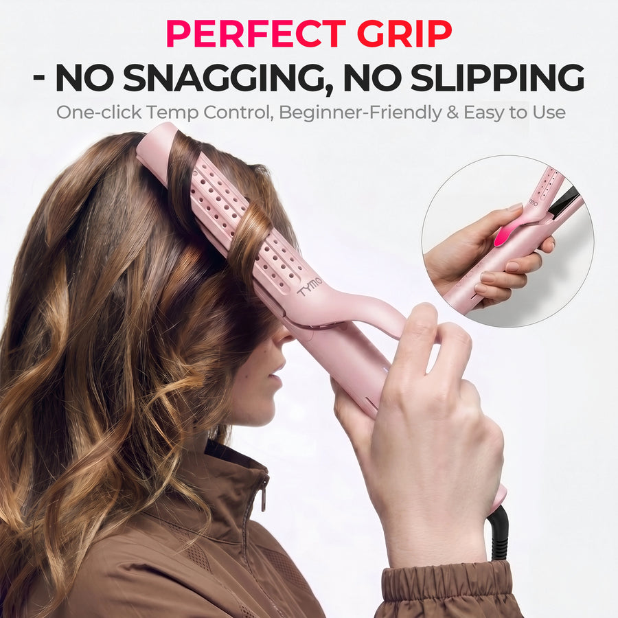 TYMO AIRFLOW curling iron with no-snag grip, beginner-friendly one-click temp control for smooth styling