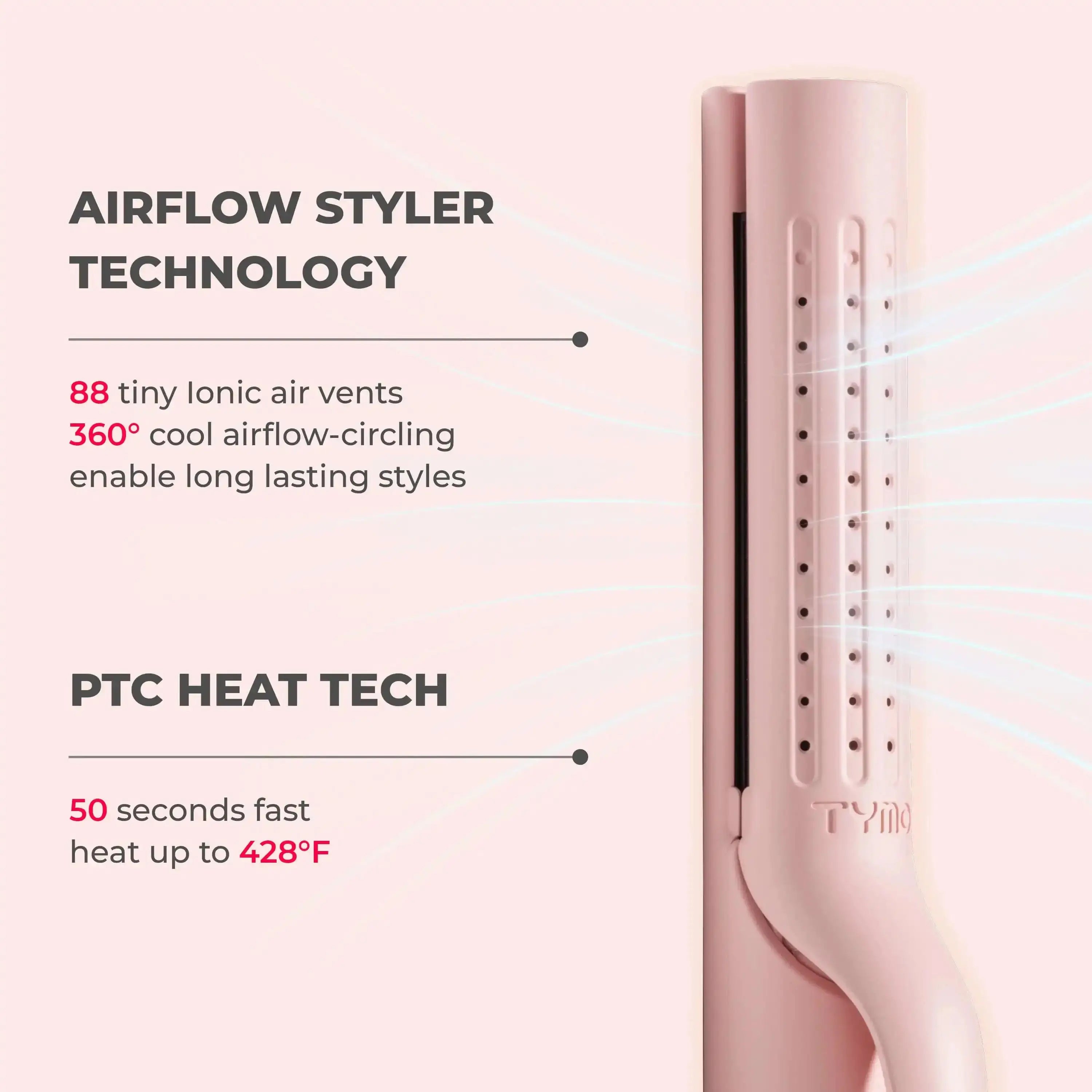 TYMO AIRFLOW 2 in 1 Hair Straightener and Curler output 88 tiny ionic air vents 360° cool airflow-circling enable shiny hair result and 50s fast heat up