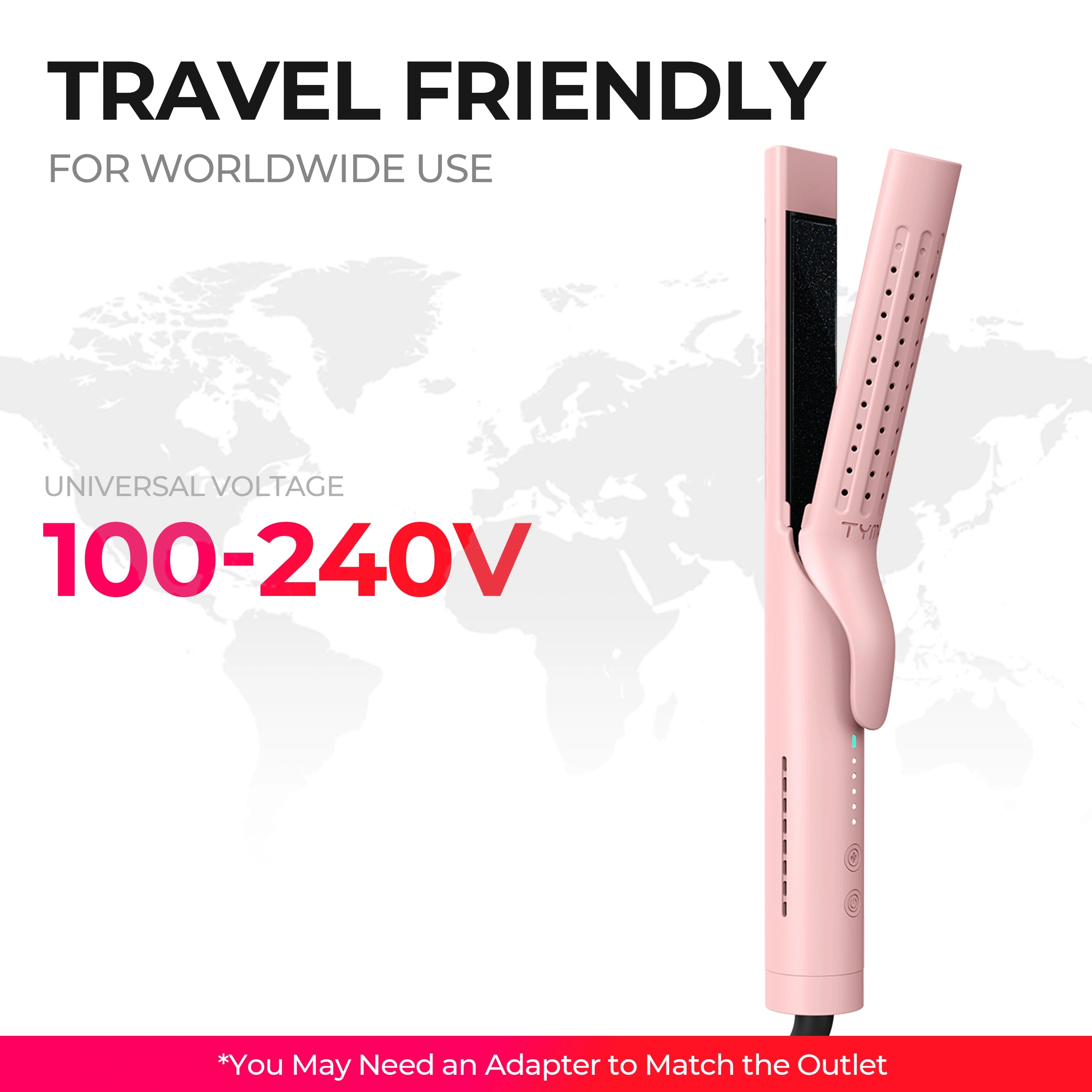 TYMO AIRFLOW travel-friendly hair styler with 100-240V dual voltage for worldwide use