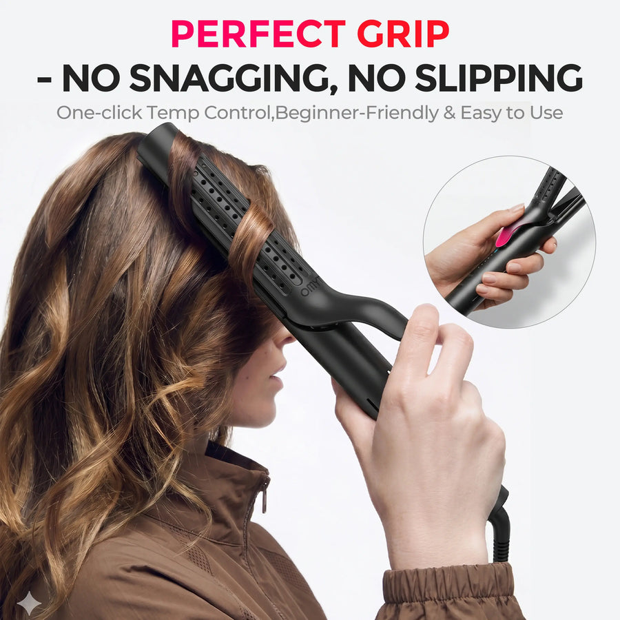 TYMO AIRFLOW curling iron with no-snag grip, beginner-friendly one-click temp control for smooth styling