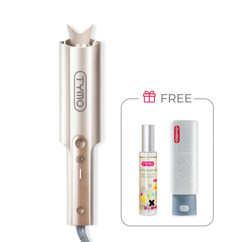 TYMO CURLPRO PLUS automatic curler in champagne gold shown with free gift bundle including TYMO heat protectant spray and TYMO Anti-Dandruff Shampoo Powder