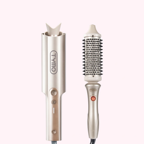 TYMO CurlPro Plus automatic curler and Stylux heated thermal brush set in champagne gold