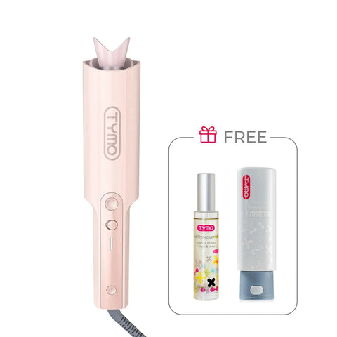 TYMO CURLPRO PLUS PINK automatic hair curler in light pink featured alongside free gifts including TYMO Heat Protectant Spray and TYMO Scalp & Hair Shampoo Powder