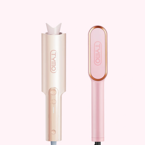 TYMO Glow Up Your Hair Game set featuring automatic curler and pink hair straightener brush side by side