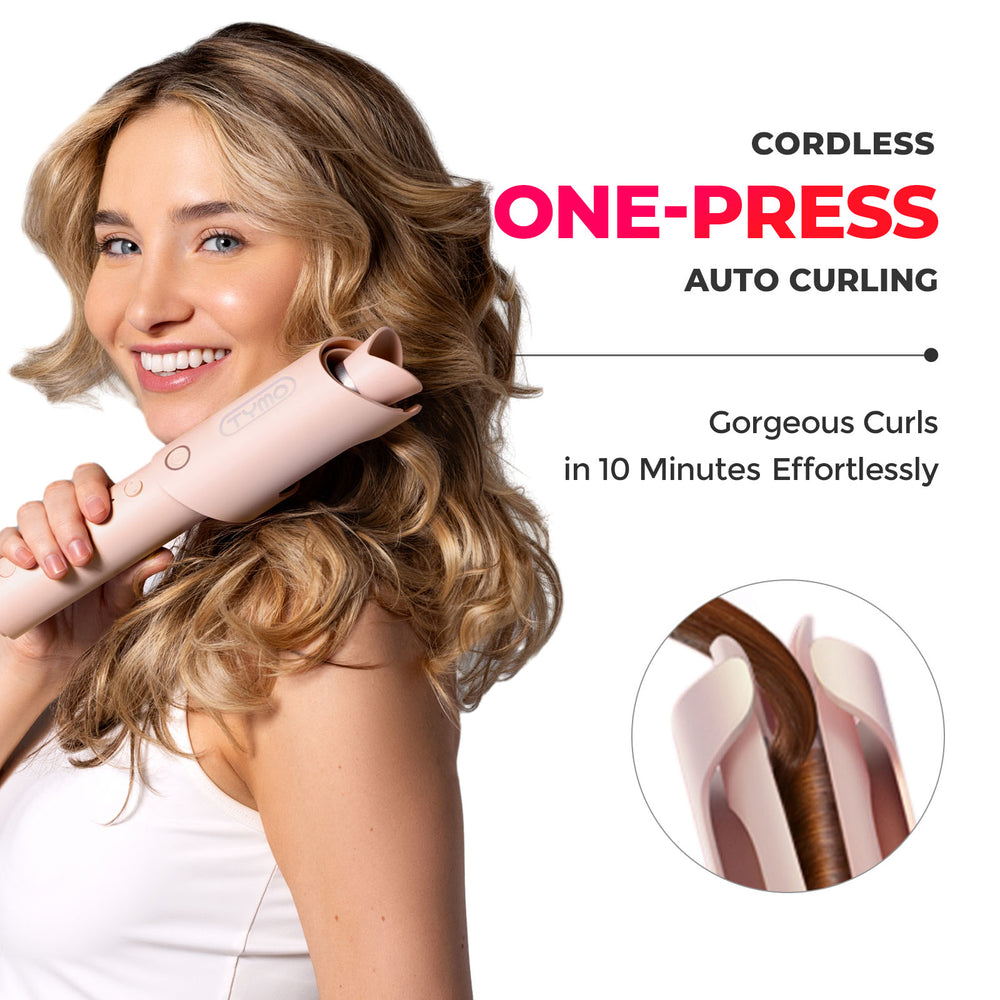 Woman smiling while using the TYMO CURLGO cordless curling iron, showcasing easy one-press auto curling for beautiful curls in 10 minutes.