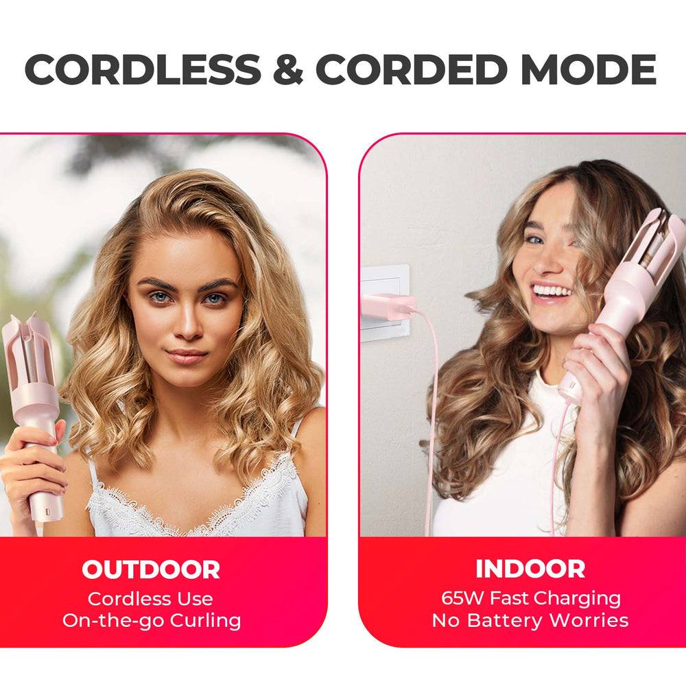 
                  
                    TYMO CURLGO cordless curling iron in use outdoors and indoors, demonstrating versatility with 65W fast charging and no battery worries.
                  
                