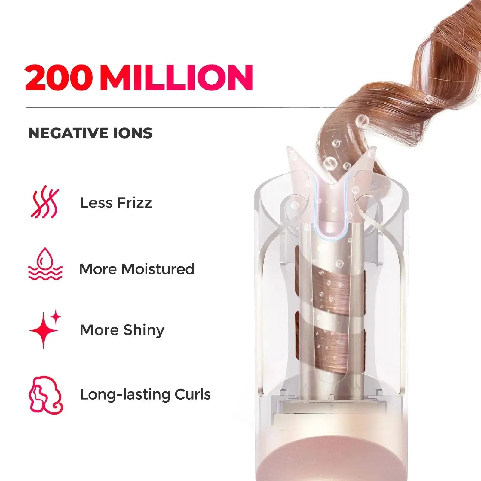 TYMO CURLGO curling iron displaying 200 million negative ions feature, reducing frizz.