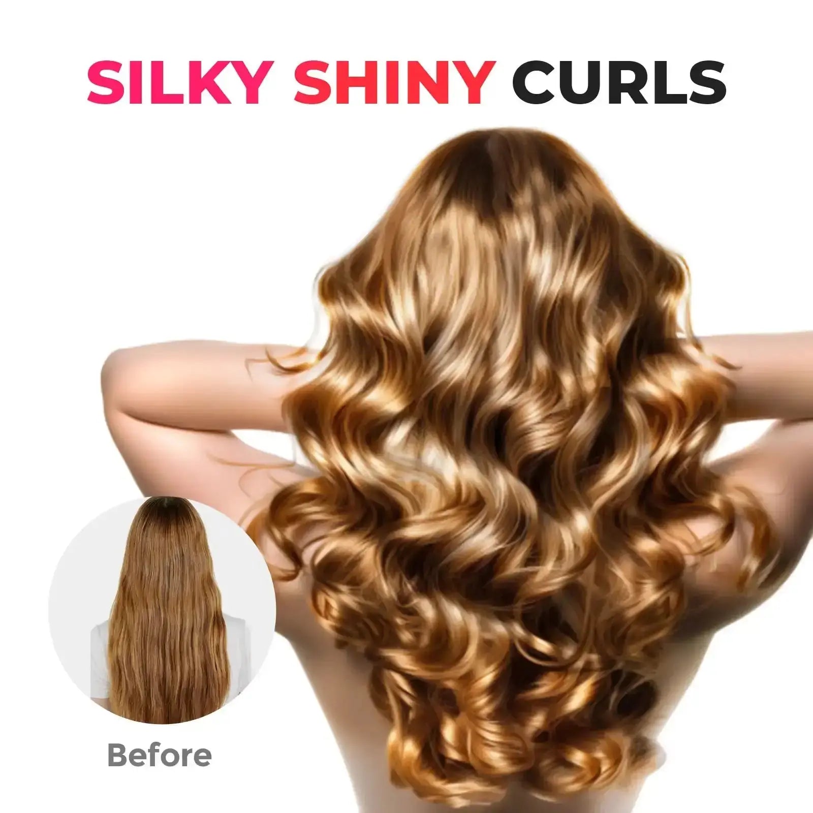 Comparison of before and after using TYMO CURLGO PINK, highlighting silky shiny curls achieved effortlessly.