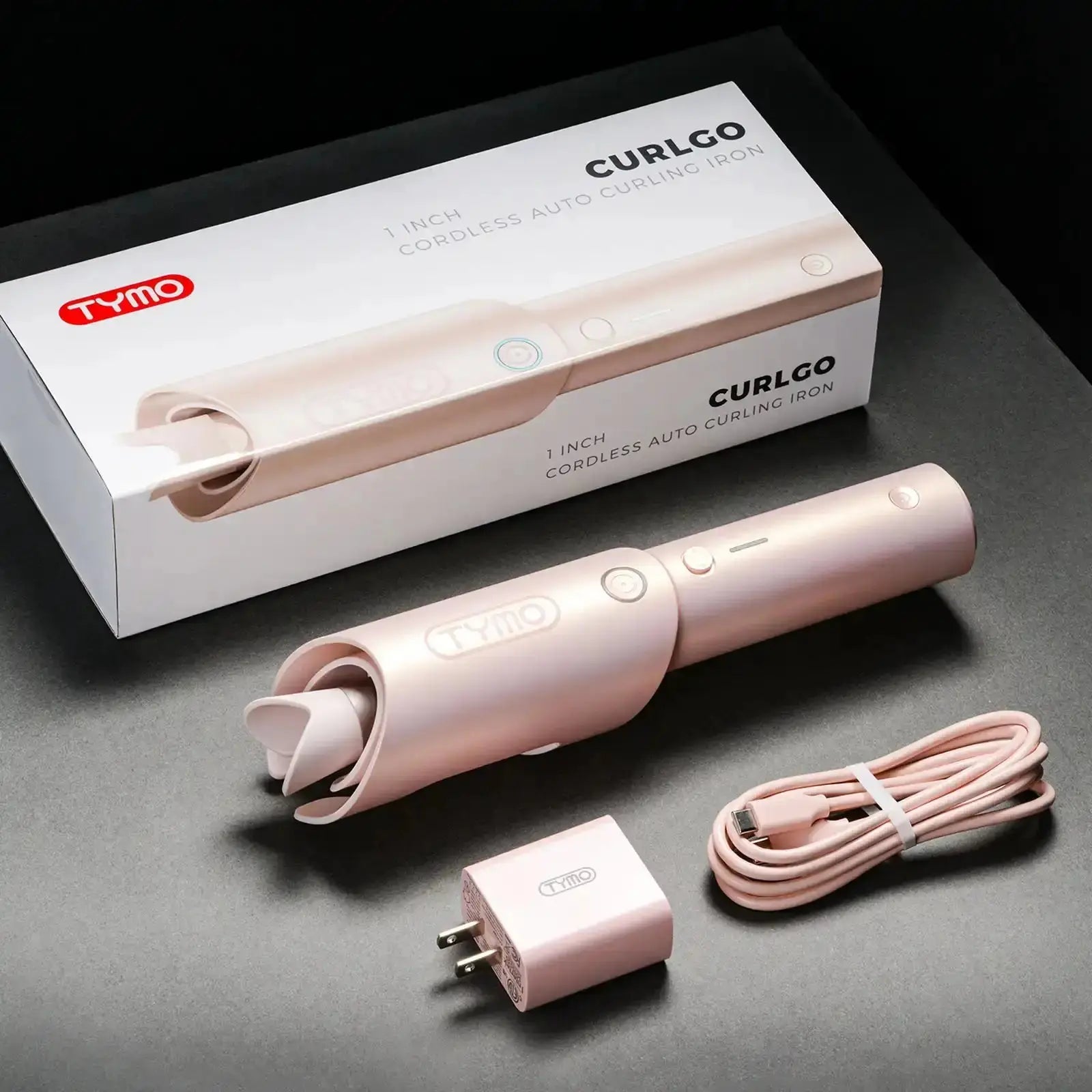 Packaging of TYMO CURLGO cordless curling iron, highlighting the sleek design and included items such as a charging cable and plug.