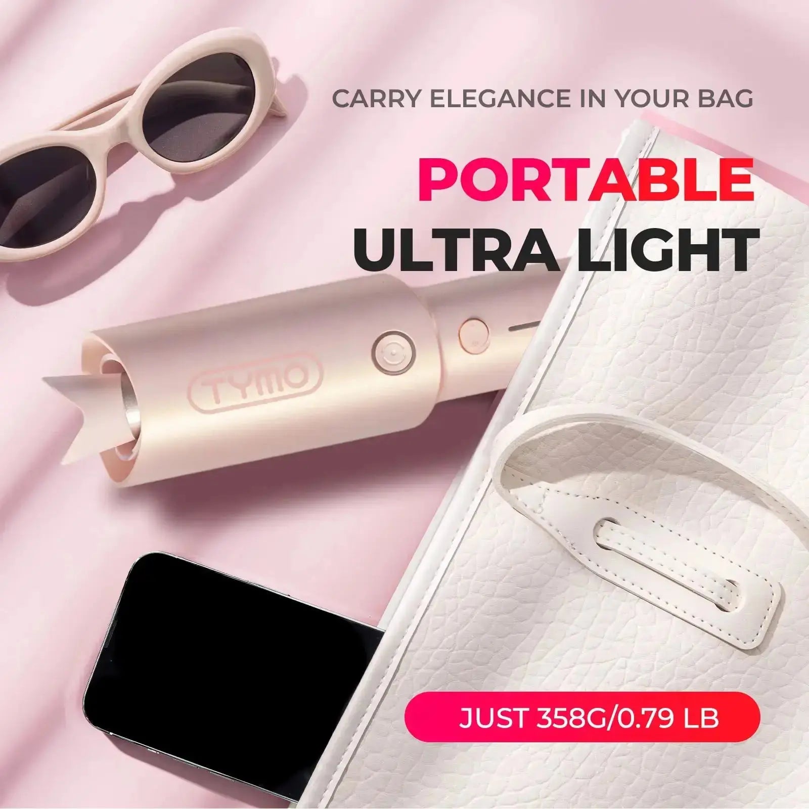TYMO CURLGO cordless curling iron displayed as ultra-light and portable, alongside sunglasses and a handbag.