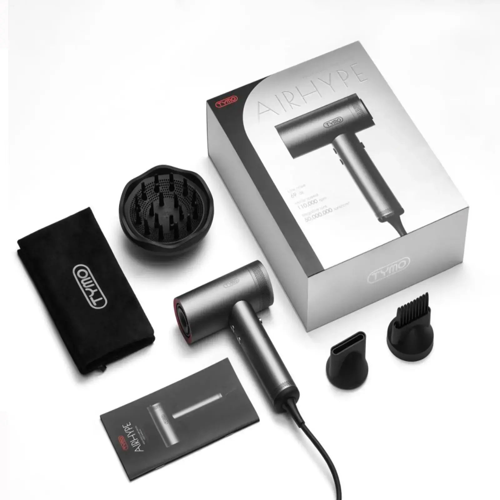 Packing of TYMO AIRHYPE hair dryer with diffuser, comb nozzle, and concentrator nozzle accessories displayed.