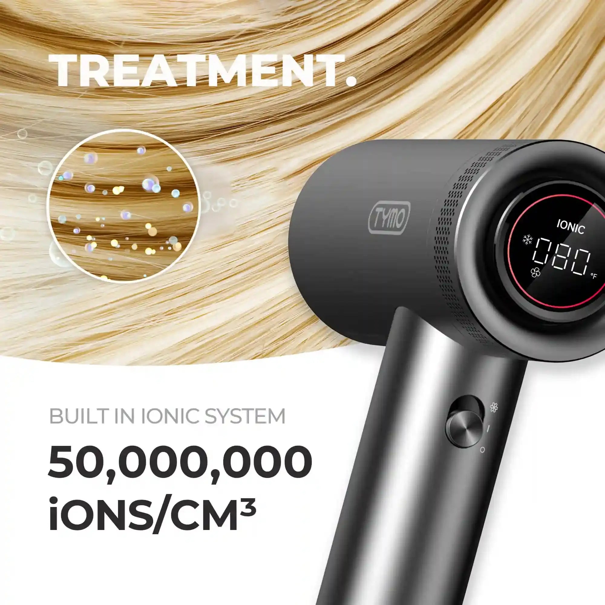 TYMO AIRHYPE built-in particle system 50,000,000 negative ions per cubic meter, giving you the best hair treatment experience