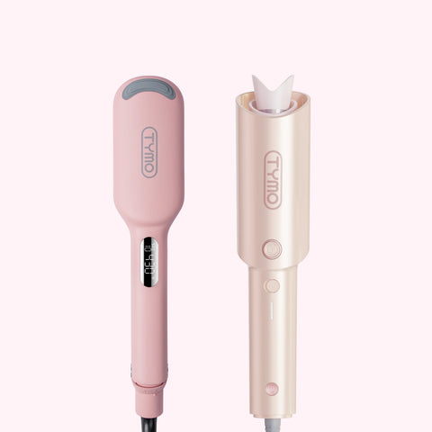 TYMO ROVY COMPACT deep waver in matte pink with a digital LED temperature display next to TYMO CURLPRO automatic curler in champagne gold with a V-shaped auto-rotating slot