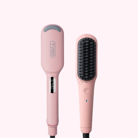 Front view of the pink TYMO ROVY COMPACT wave curling iron and the TYMO IONIC MINI hair straightener comb set against a soft pink background.