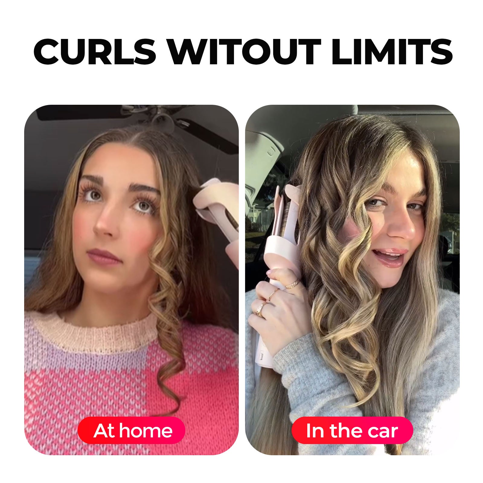 Versatile TYMO CURLGO ECO automatic cordless curling iron used in different settings: at home, in the car.