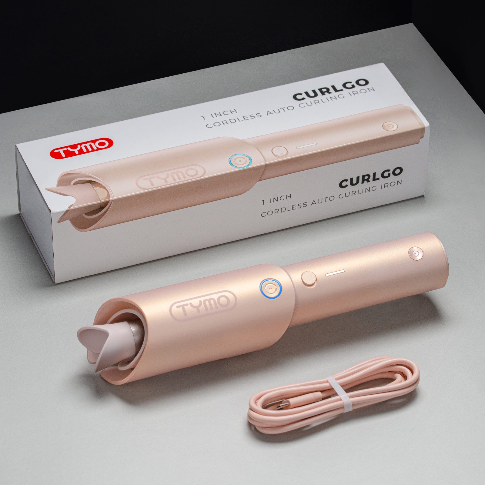 Packaging of TYMO CURLGO cordless curling iron, highlighting the sleek design and included items such as a charging cable.