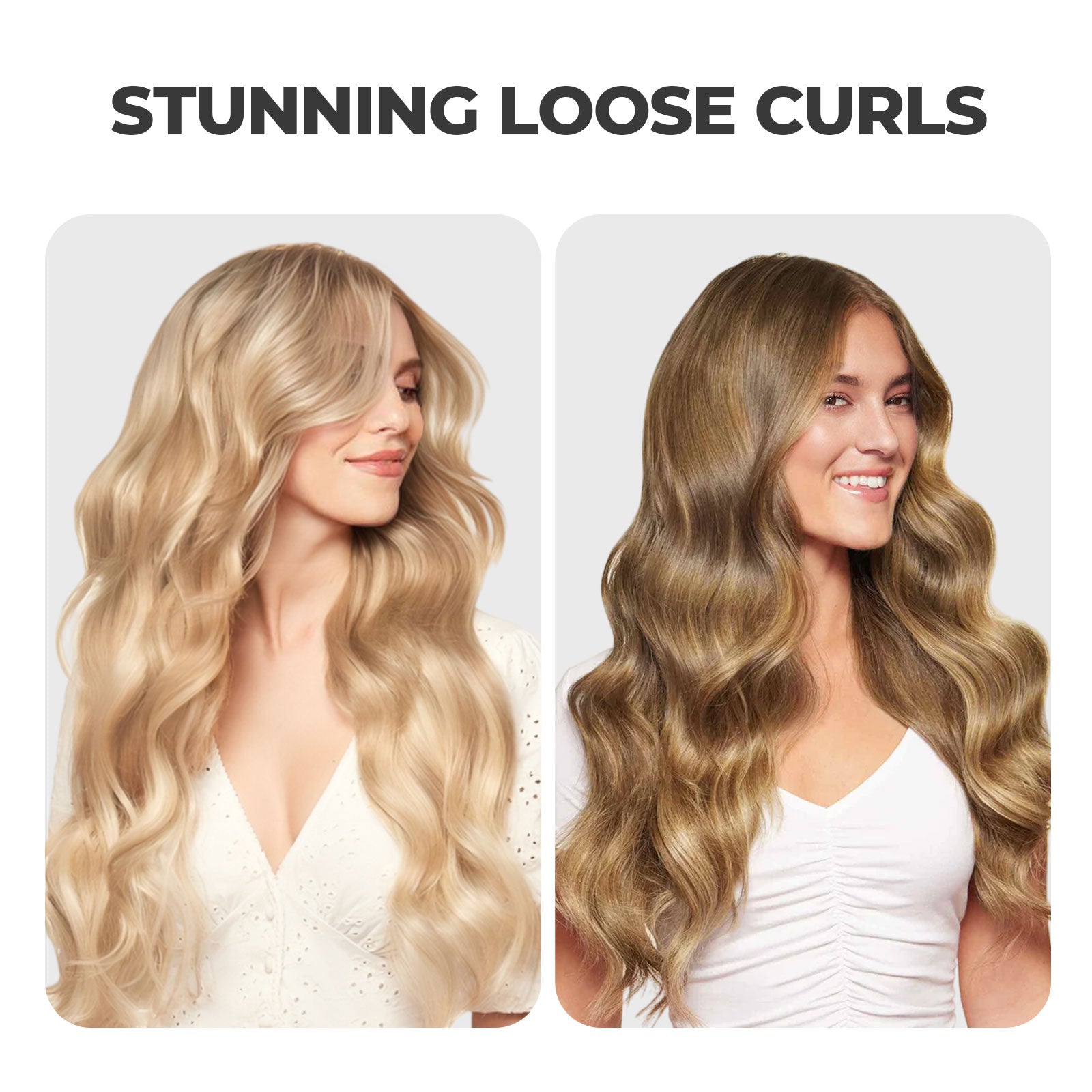Loose curls hairstyle created using TYMO CURLGO Auto Cordless Curler, featured on two women with long hair.