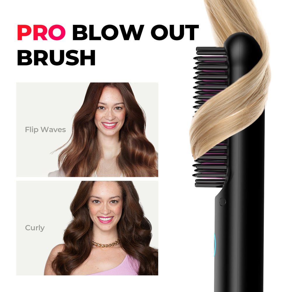 
                  
                    TYMO PORTA PRO hair styler showcasing Pro Multi Styles feature with three hairstyles:  flip waves, straight, and curly.
                  
                