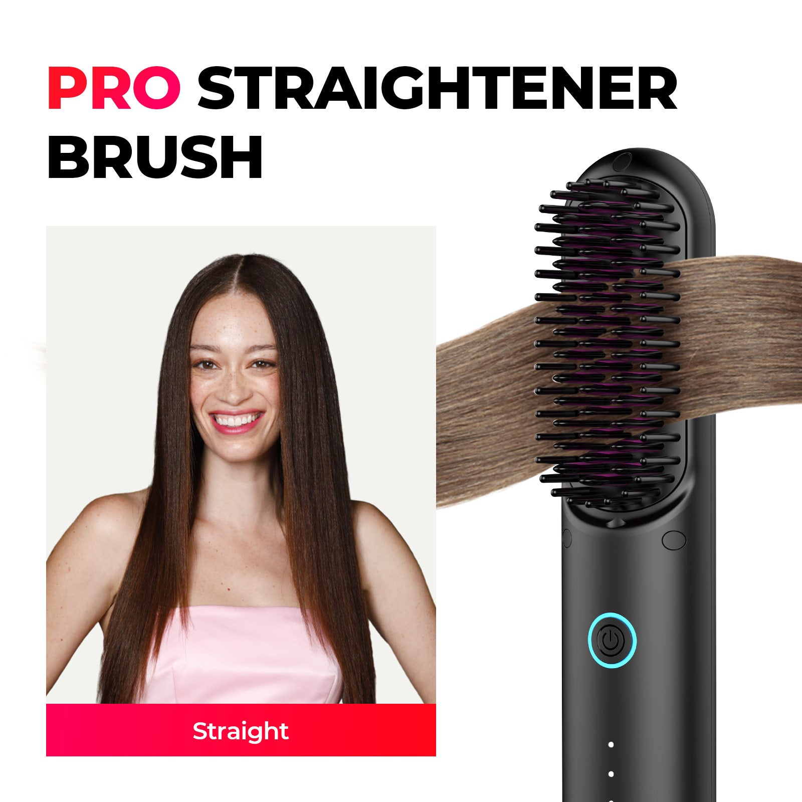 TYMO PORTA PRO hair styler showcasing Pro Multi Styles feature with three hairstyles:  flip waves, straight, and curly.