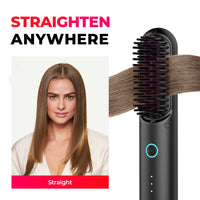 
                  
                    Versatile full-size curved hair straightener brush by TYMO PORTA, showcasing different hairstyles from straight to curly.
                  
                