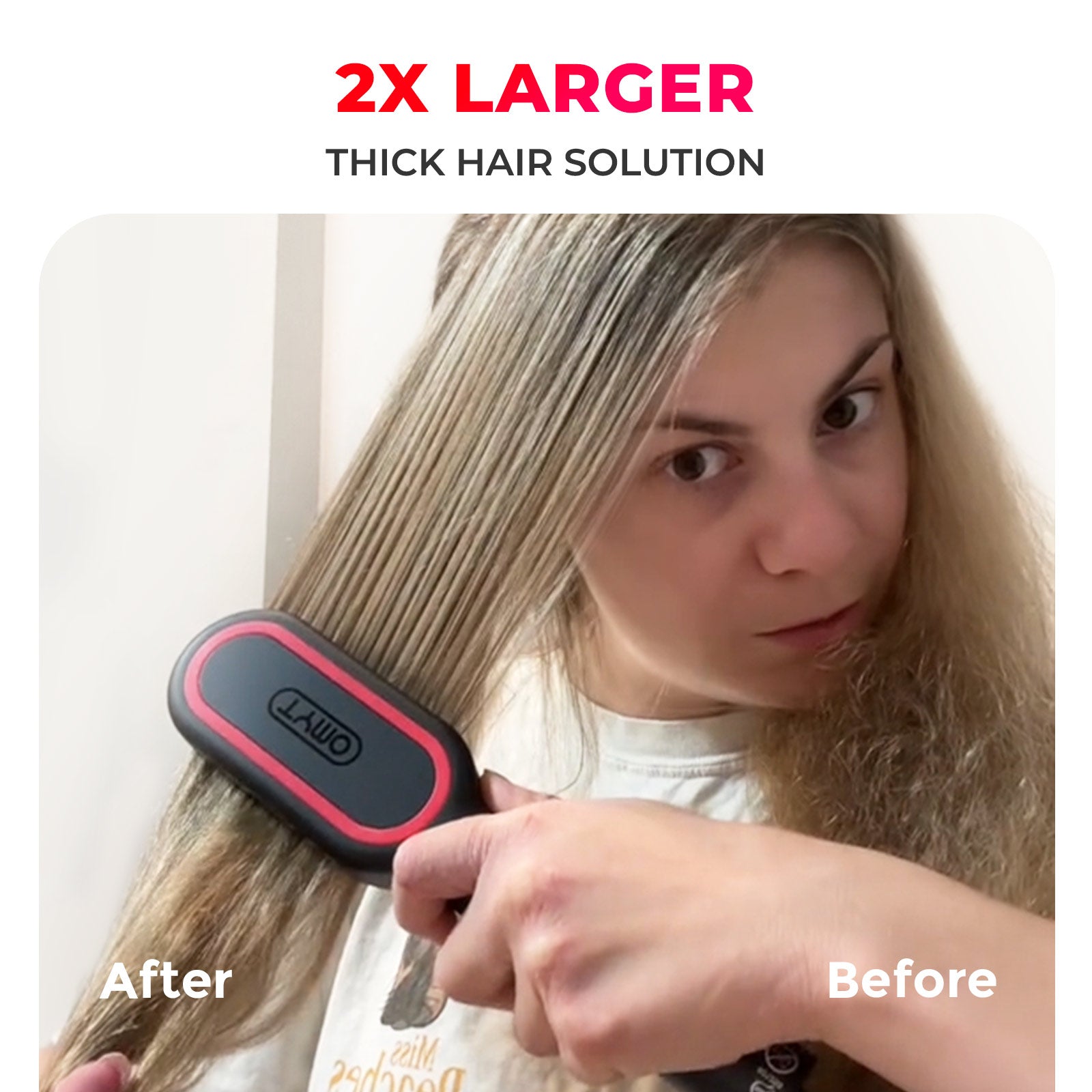 TYMO IONIC PLUS hair straightener brush is twice as large, making it easier to straighten thick hair.