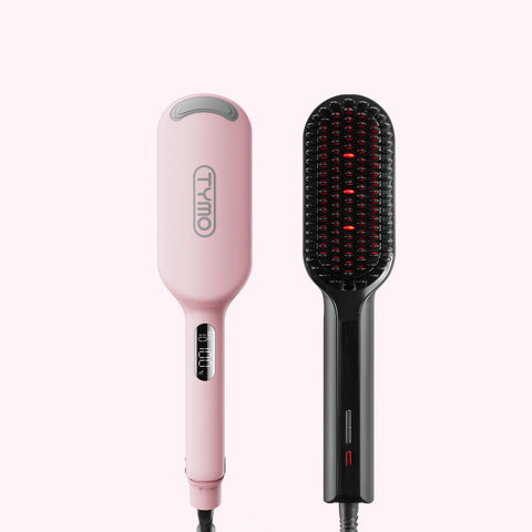 Light pink TYMO ROVY hair waver with digital temperature screen shown side-by-side with the black TYMO iONIC PLUS ionic hair straightener brush.