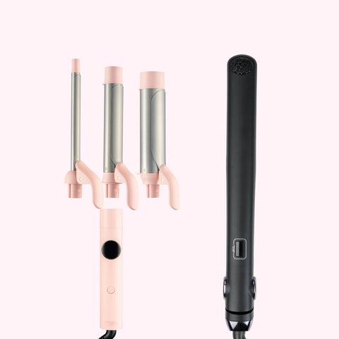 TYMO CUES 3-in-1 interchangeable curling iron set in pink shown alongside the black TYMO SWAY hair straightener flat iron.