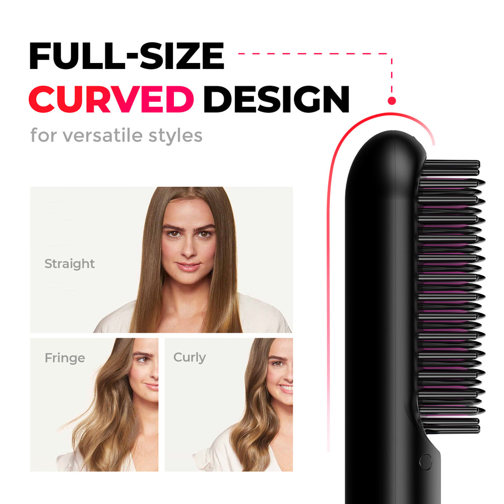 Versatile full-size curved hair straightener brush by TYMO PORTA, showcasing different hairstyles from straight to curly.