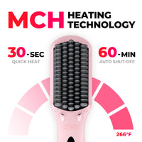 
                  
                    TYMO iONIC PINK hairbrush straightener uses MCH heating technology to achieve 30-second quick heat and 60-minute auto shut-off.
                  
                