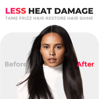 
                  
                    Before-and-after comparison demonstrating TYMO iONIC MINI travel hair straightener reducing frizz and enhancing shine with gentle heat.
                  
                